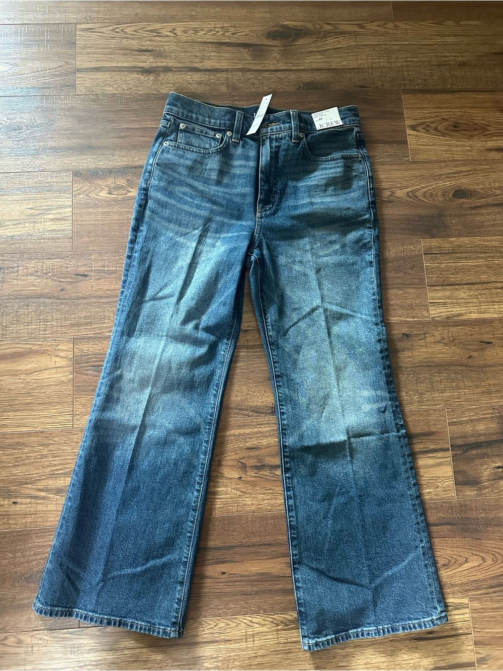 J. Crew Semi Stretch High-Rise Cropped Kick Out Flare Jeans in Dark Blue Wash